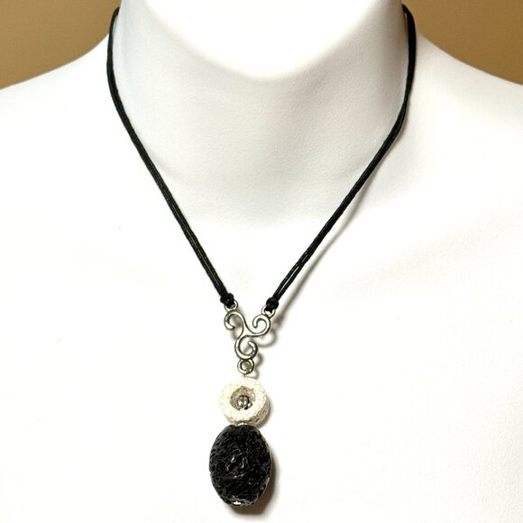 2/$20, Black & White Lava Stone Lariat Necklace, Genuine Gemstone Cord Necklace - Picture 2 of 11
